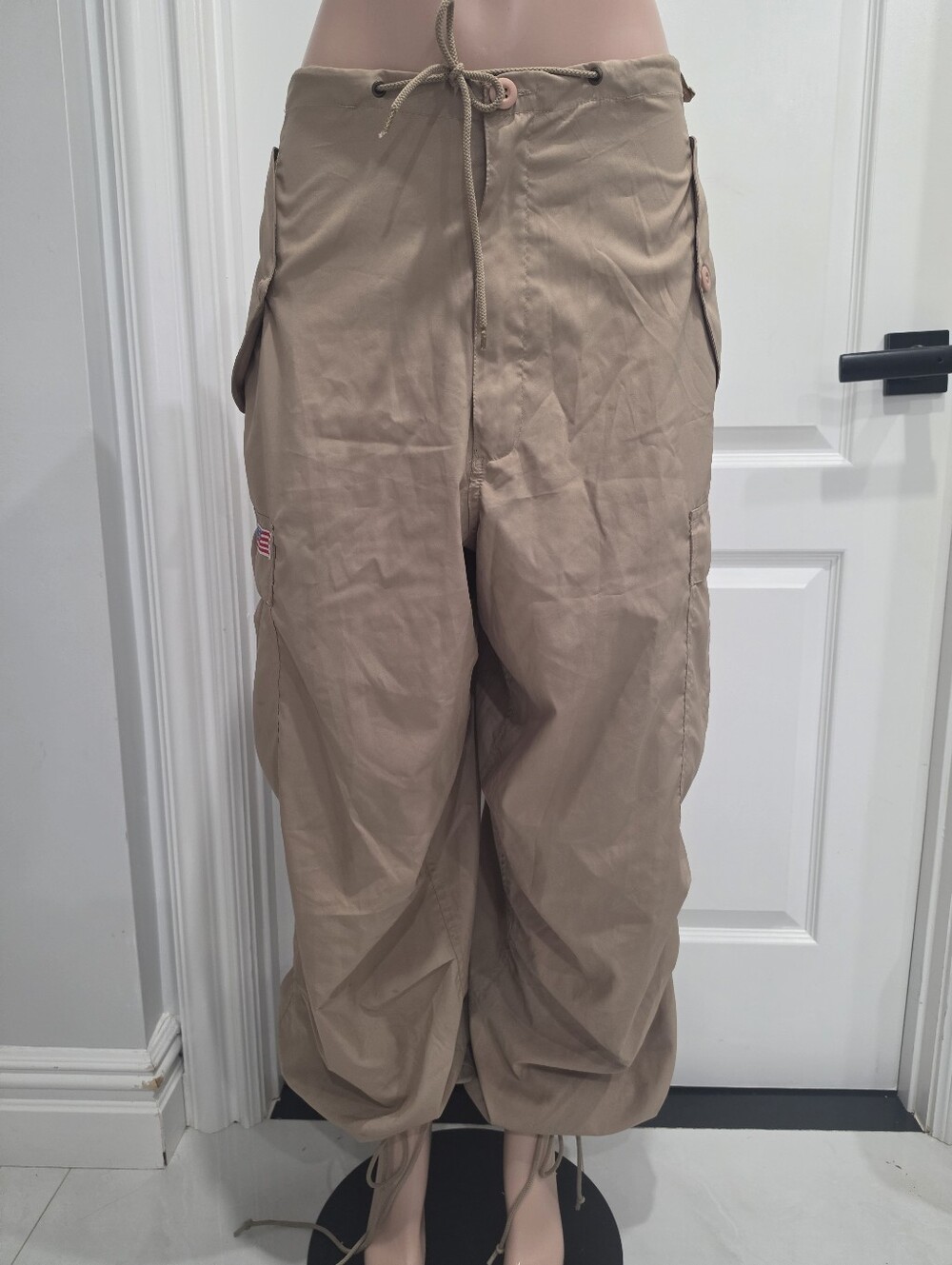 UFO Vintage Khaki Cargo Parachute Pants Size S Y2K Utility Drawstring